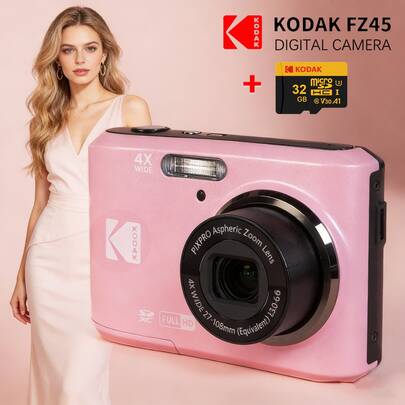  كاميرا رقمية KODAK PIXPRO FZ45 مع بطاقة ذاكرة 32 جيجابايت، تكبير بصري 4x، تسجيل فيديو بلمسة واحدة، اكتشاف الوجوه، مناسبة للمبتدئين وعشاق الميزانية المحدودة