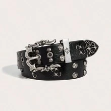 1 buah Sabuk Fashion Unisex Kulit PU Hitam Gaya Punk Gothic Y2K Gelap dengan Lubang Tali dan Paku Keling, Cocok untuk Celana Jeans dan Pesta - Gesper bintang dengan lubang kancing hitam - View 31