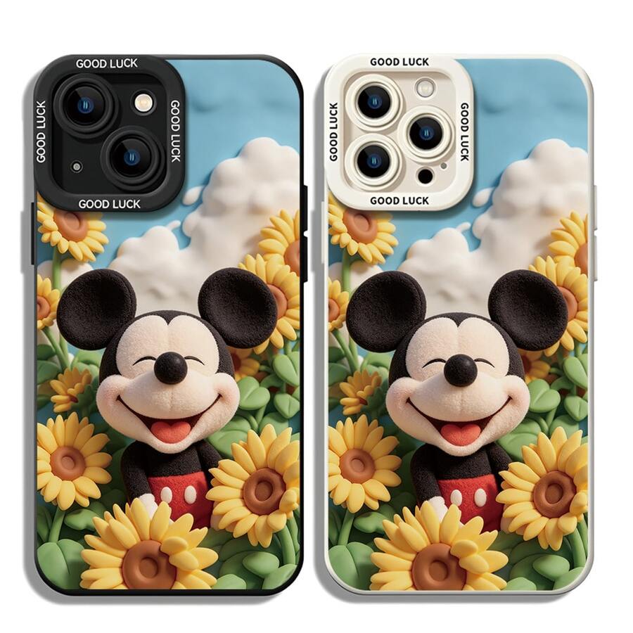 Officially Licensed Disney Mickey Mouse Phone Case, This Protective Phone Case Features A Cheerful Print Of Smiling Mickey Mouse Surrounded By Sunflowers And Fluffy Clouds Against A Bright Blue Sky Background, Made With Flexible, Durable TPU Material To Protect Against Everyday Scratches, Bumps, And Minor Impacts, With A Raised Camera Frame Printed With "GOOD LUCK" Text For Extra Lens Protection, Slim And Lightweight Construction That Adds Minimal Bulk And Fits Easily In Pockets And Bags, Compatible With IPhone 17, 16, 15, 14, 13, 12, 11 Pro Series And Galaxy S22, S23, S24, S25 Models, Making It A Charming Choice For Mickey Fans And Disney Lovers, Ideal For Birthdays, Holidays, Or Any Special Occasion To Surprise Family And Friends. - trắng - Xem 1