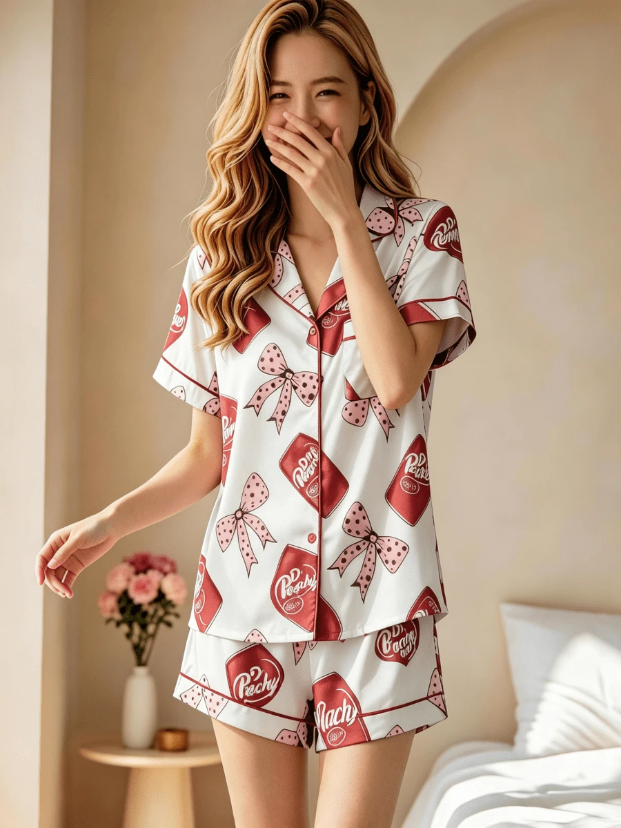 2pcs Women Bowknot Print Pajama Set, Short Sleeve Button Up Shirt And Elastic Waist Shorts, Cute Soft Comfortable Loungewear Sleepwear - Short/White - View 1