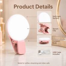Đèn selfie mini dạng kẹp tròn, sạc lại được, 3 mức độ sáng, thời lượng pin 2-8 giờ, đèn chiếu sáng chụp ảnh cho điện thoại, phù hợp cho chụp ảnh, quay video và vlog trên /Android. - Nhiều màu - Xem 8
