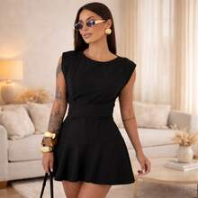 Women's Short Dress With Tailored Shorts | Muscle Shoulder | High Quality - 黑色 - 查看 7