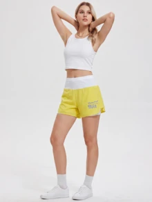 KyrLssu Women's High Waist Contrast Color Belt Letter Print Casual Everyday Shorts - Yellow - View 4