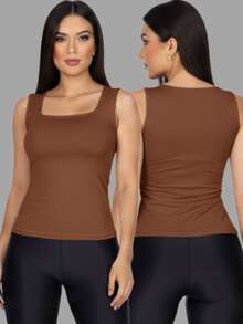 Set Of 3 Women's Tank Tops, Square Neck, Premium Supplex Fabric, Double Lining, Basic Blouse - 黑色 - 白色 - 棕色 - 查看 4