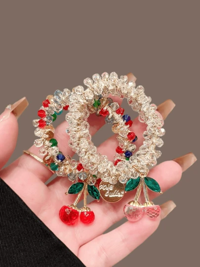 1PC Colorful Crystal Cherry Pendant Hair Band For Women, Dual Bracelet, Hair Rope, Rubber Band, Ponytail Headdress, Headband