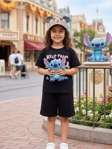 Disney Young Girl Stitch Cartoon Print T-Shirt - Black - View 4