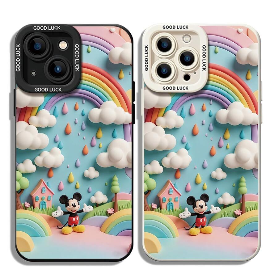 Officially Licensed Disney Mickey Mouse Phone Case, This Protective Phone Case Features A Whimsical Print Of Mickey Mouse In A Colorful, Dreamy Landscape With Rainbows, Clouds, Houses, And Pastel Raindrops Against A Bright Sky-Blue Background, Made With Flexible, Durable TPU Material To Protect Against Everyday Scratches, Bumps, And Minor Impacts, With A Raised Camera Frame Printed With "GOOD LUCK" Text For Extra Lens Protection, Slim And Lightweight Construction That Adds Minimal Bulk And Fits Easily In Pockets And Bags, Compatible With IPhone 17, 16, 15, 14, 13, 12, 11 Pro Series And Galaxy S22, S23, S24, S25 Models, Making It A Charming Choice For Mickey Fans And Disney Lovers, Ideal For Birthdays, Holidays, Or Any Special Occasion To Surprise Family And Friends. - Black - View 1