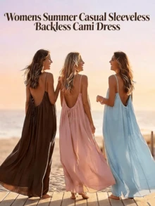 Women's Open Back Spaghetti Strap Beach Maxi Dress Loose Flowy Vacation Sundress - Màu xanh đậm - Xem 3