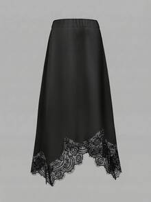 Saia Assimétrica de Renda com Bloco de Cores Casual Feminina, Minimalista e Fashionista para Uso Diário, Primavera/Verão Preta - Preto - Visão 2