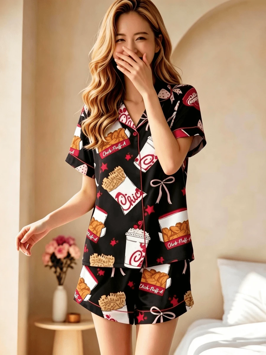 Mother's Day Gift For Mom Cute Fast Food Print Pajama Set, Short Sleeve Button Up Shirt And Elastic Waist Shorts, Soft Comfortable Loungewear Sleepwea - 黑色 - 查看 1