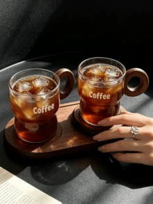 1 Set Coffee Glass & Wooden Saucer, Nordic Ins Style Latte Art Cup & Saucer, Vintage Breakfast, Milk, Afternoon Tea, Dessert Cup & Saucer, Suitable For Restaurant, Living Room, Cafe, Dessert Shop, Gathering - Transparent - View 10
