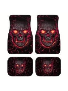 4 piezas Juego de alfombrillas de piso para auto con estampado de calavera - Material de poliéster antideslizante y absorbente, se ajusta a varios modelos de automóviles, accesorios de interior de automóvil de moda - A - Ver 10