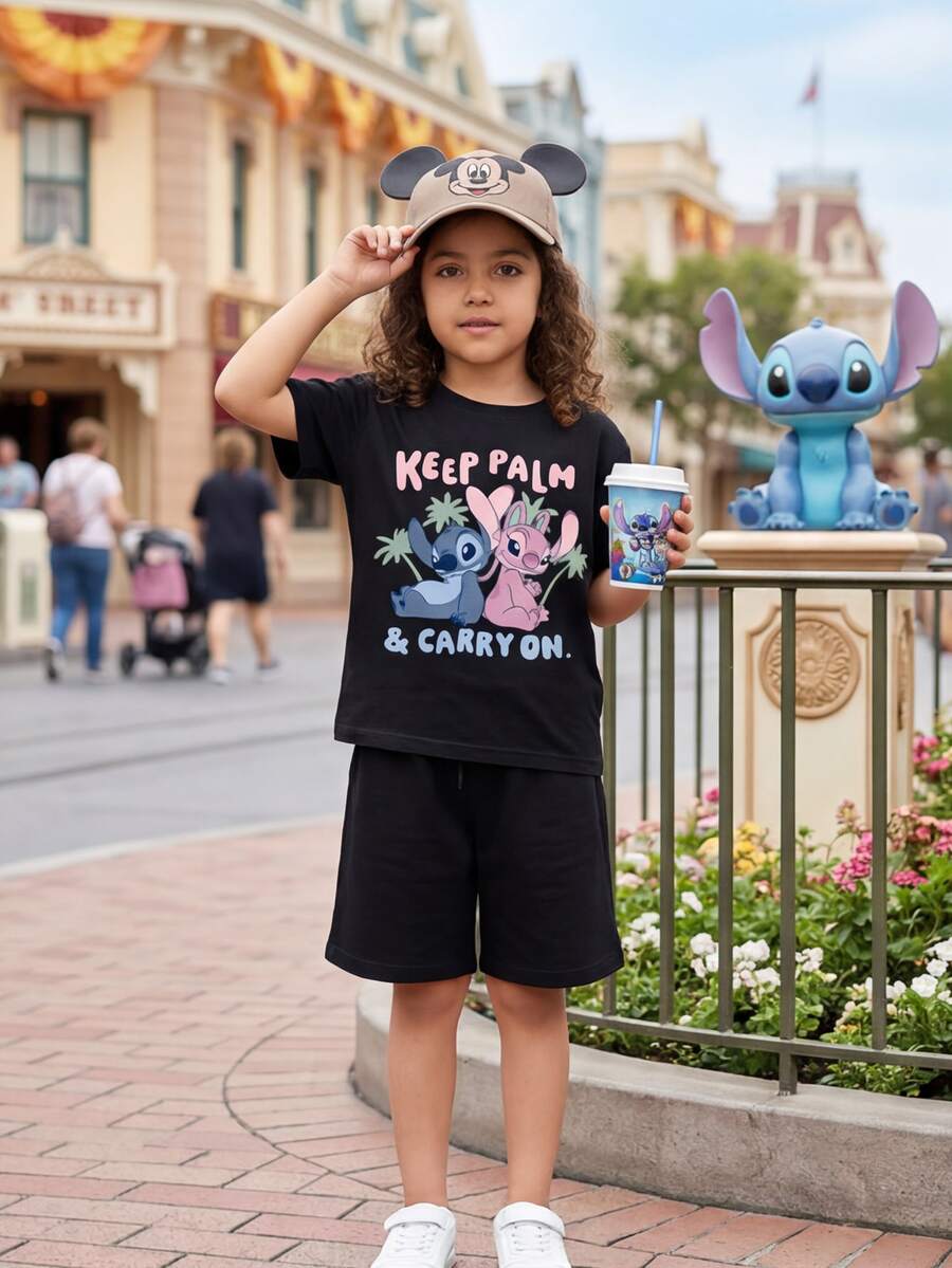 Disney Young Girl Stitch Cartoon Print T-Shirt - Black - View 1