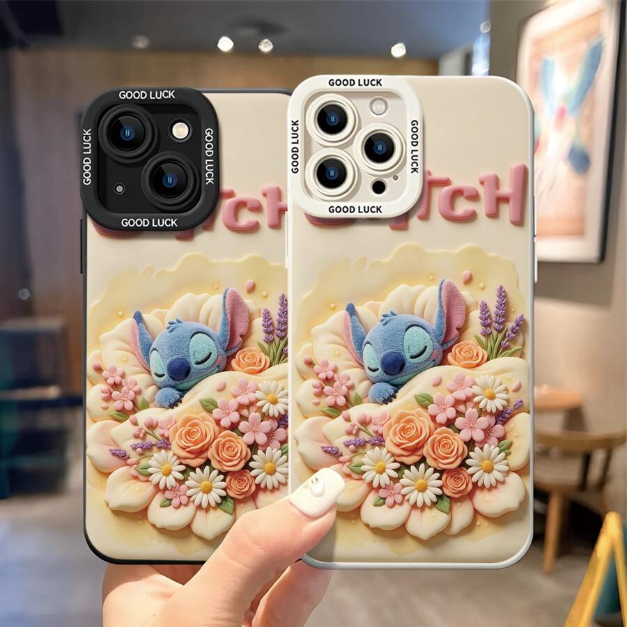 Officially Licensed Disney Lilo & Stitch Phone Case, This Protective Phone Case Features A Sweet Print Of Sleeping Stitch Surrounded By Roses, Daisies, Cherry Blossoms And Lavender Blooms Against A Soft Cream Background, With The Word "Stitch" In Pink Lettering Above, Made With Flexible, Durable TPU Material To Protect Against Everyday Scratches, Bumps, And Minor Impacts, With A Raised Camera Frame Printed With "GOOD LUCK" Text For Extra Lens Protection, Slim And Lightweight Construction That Adds Minimal Bulk And Fits Easily In Pockets And Bags, Compatible With IPhone 17, 16, 15, 14, 13, 12, 11 Pro Series And Galaxy S22, S23, S24, S25 Models, Making It A Charming Choice For Stitch Fans And Disney Lovers, Ideal For Birthdays, Holidays, Or Any Special Occasion To Surprise Family And Friends. - trắng - Xem 1