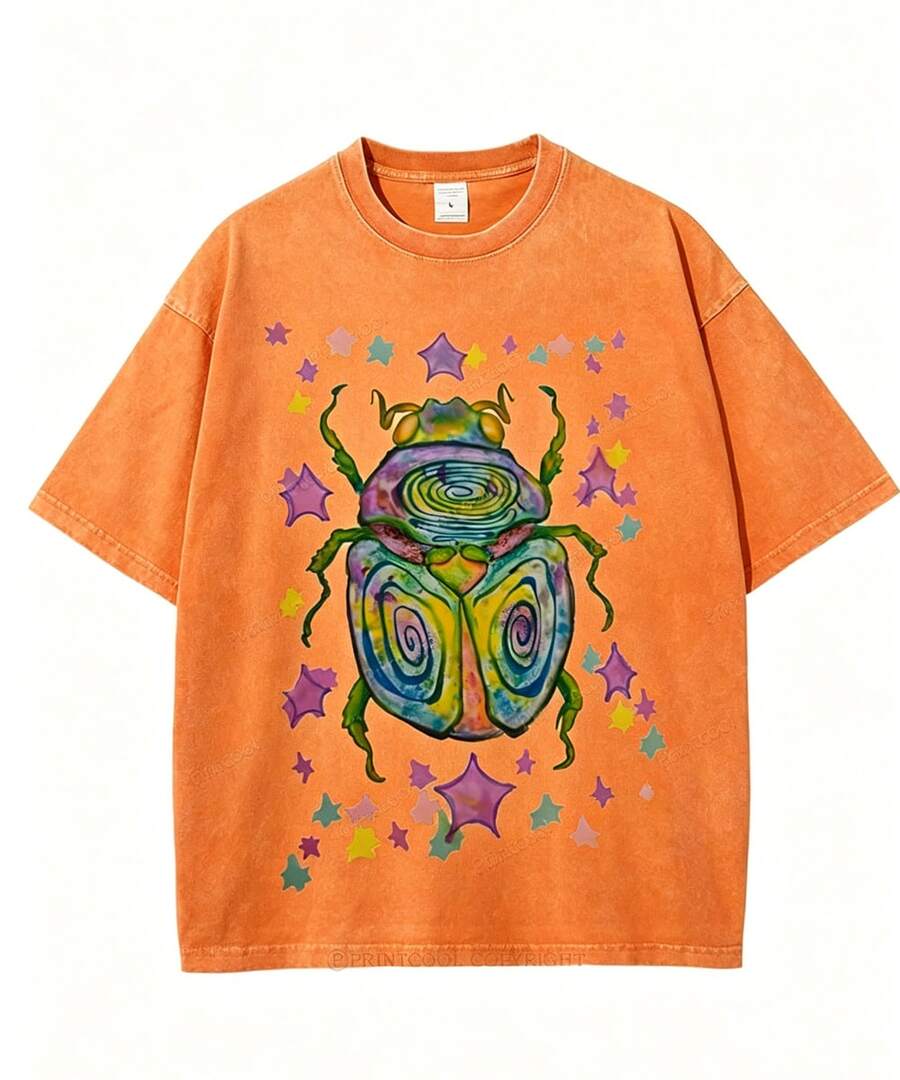 CottonWashable T-Shirt-Colorful Beetle Party Printed T-Shirt,Perfect For Everyday Wear,Gifts For Father'S Day-Summer Tops-New Summer Outfits For Women - 橘色 - 查看 1