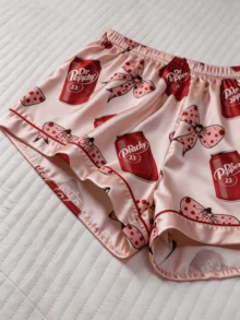 2pcs Women Bowknot Print Pajama Set, Short Sleeve Button Up Shirt And Elastic Waist Shorts, Cute Soft Comfortable Loungewear Sleepwear - Ngắn/Hồng - Xem 5