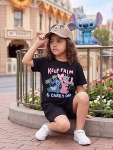 Disney Young Girl Stitch Cartoon Print T-Shirt - Black - View 5