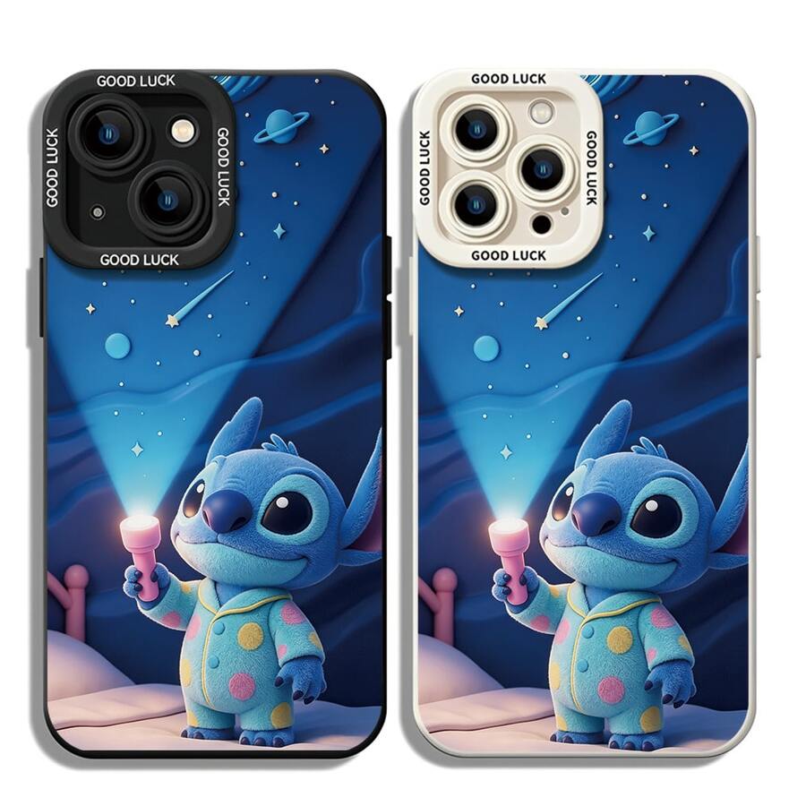 Officially Licensed Disney Lilo & Stitch Phone Case, This Protective Phone Case Features A Whimsical Print Of Stitch In Polka-Dot Pajamas Holding A Flashlight, Set Against A Starry Night Sky With Planets And Shooting Stars, Made With Flexible, Durable TPU Material To Protect Against Everyday Scratches, Bumps, And Minor Impacts, With A Raised Camera Frame Printed With "GOOD LUCK" Text For Extra Lens Protection, Slim And Lightweight Construction That Adds Minimal Bulk And Fits Easily In Pockets And Bags, Compatible With IPhone 17, 16, 15, 14, 13, 12, 11 Pro Series And Galaxy S22, S23, S24, S25 Models, Making It A Charming Choice For Stitch Fans And Disney Lovers, Ideal For Birthdays, Holidays, Or Any Special Occasion To Surprise Family And Friends. - trắng - Xem 1