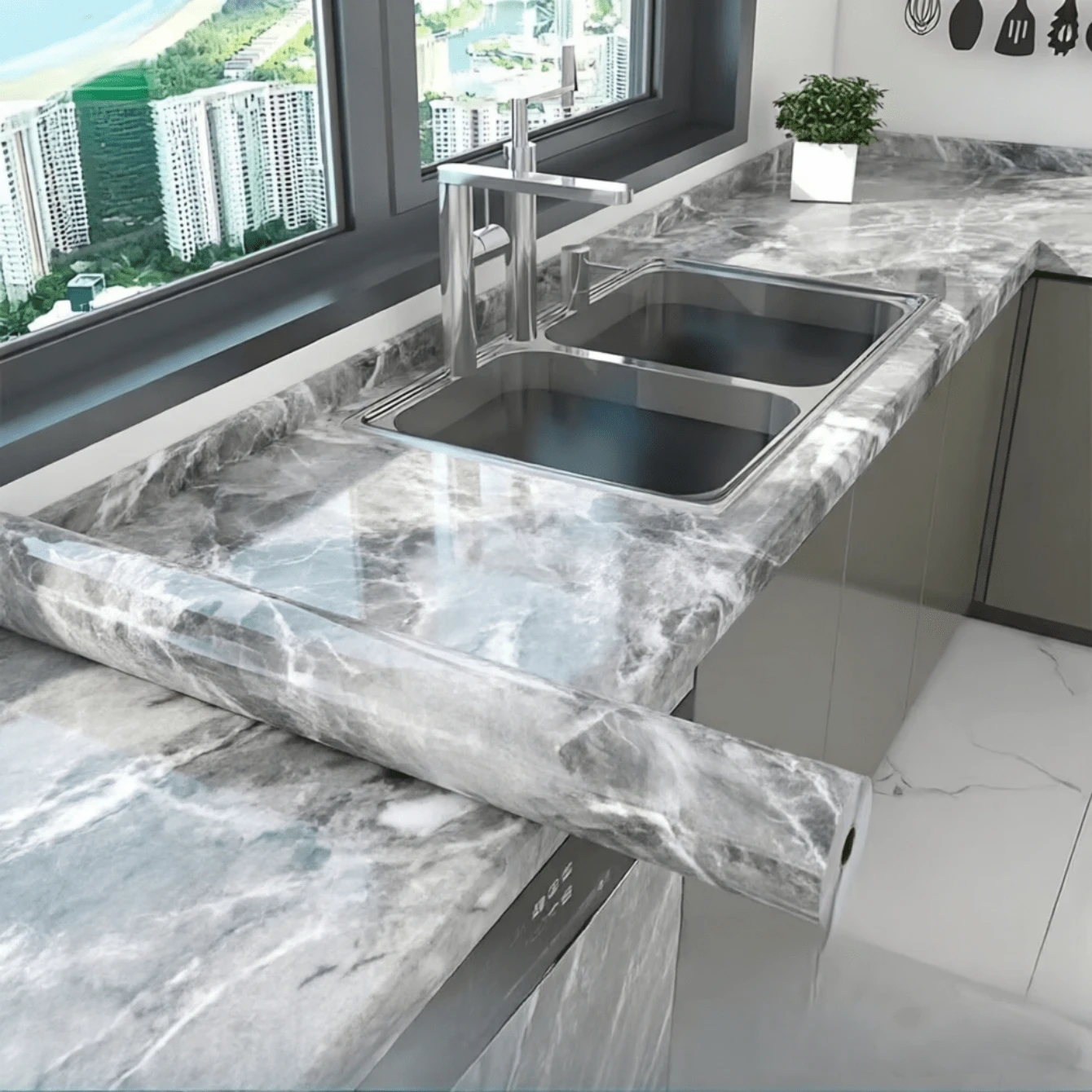 1 Roll Modern Minimalist Grey Marble Self-Adhesive Thickened Waterproof Wallpaper, Suitable For Living Room TV Background - Earl Grey - View 1