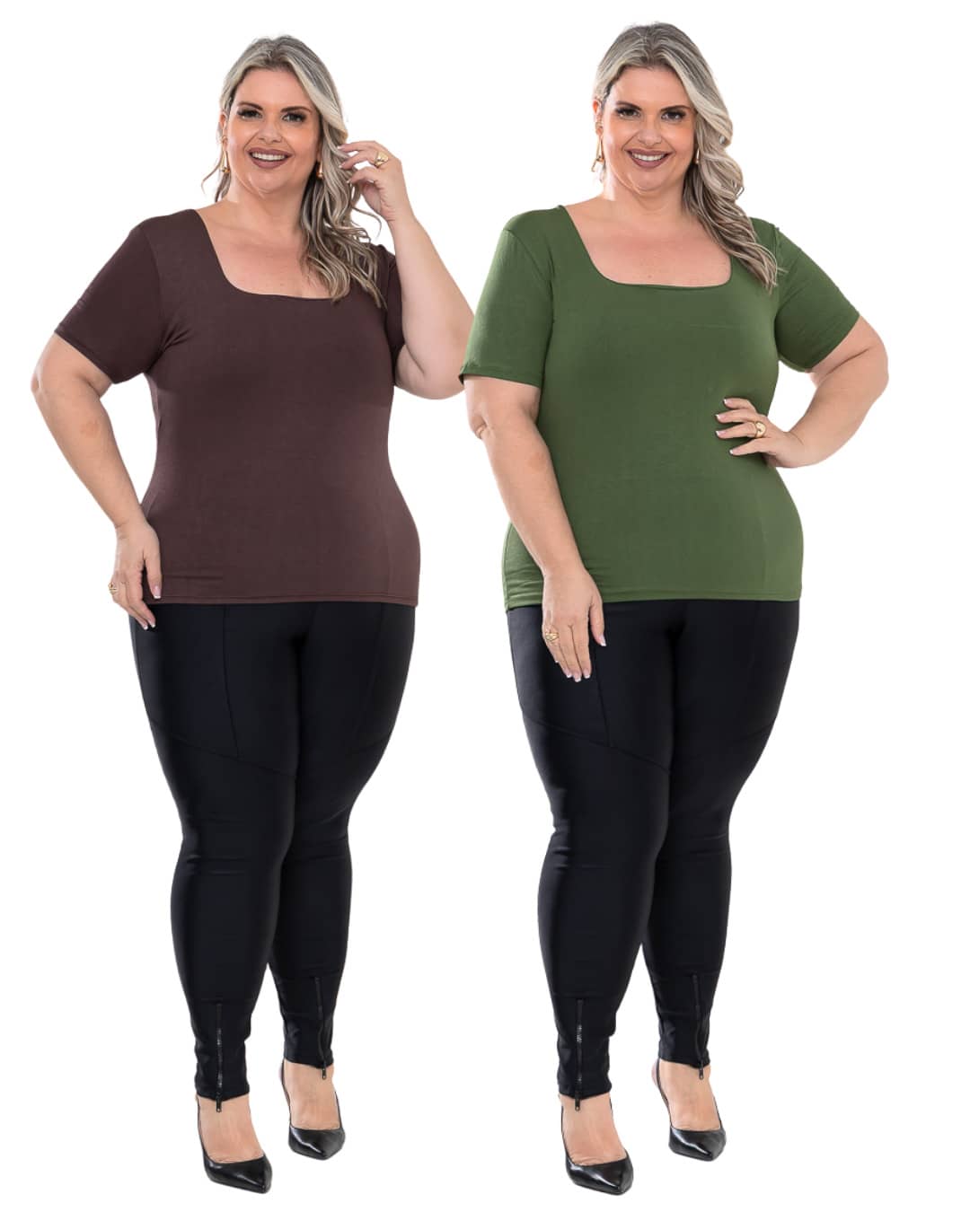 Set Of 2 Women's Basic Comfortable Short-Sleeve Square Neck Plus Size Blouses - Green-brown - View 1