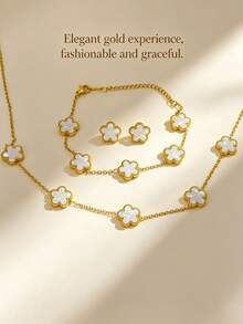 4pcs Stainless Steel Jewelry Set, Decorated With Star And Floral Patterns, Inspired By Dubai Middle Eastern Style, Exuding Modern Vibe. Suitable As Wedding Gift, Party Decor, New Year Gift Or Multi-Functional Accessory For All Seasons - Five-petaled Gold-edged - View 5