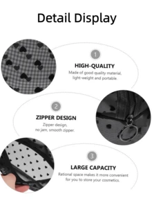 Sac cosmétique en maille noire avec imprimé cœur, organisateur de toilette de voyage transparent avec fermeture éclair, sac à maquillage portable de tailles multiples pour les voyages, le camping, le rangement des cosmétiques et des articles de toilette - Noir - Voir 6