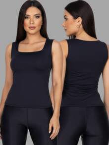 Set Of 3 Women's Tank Tops, Square Neck, Premium Supplex Fabric, Double Lining, Basic Blouse - hitam - abu-abu - krem - View 2