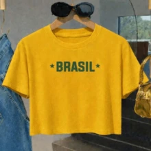Women's Cropped Top With Brazil National Team Print - Lightweight And Comfortable Cotton Fabric For All Seasons - Màu vàng - Xem 1