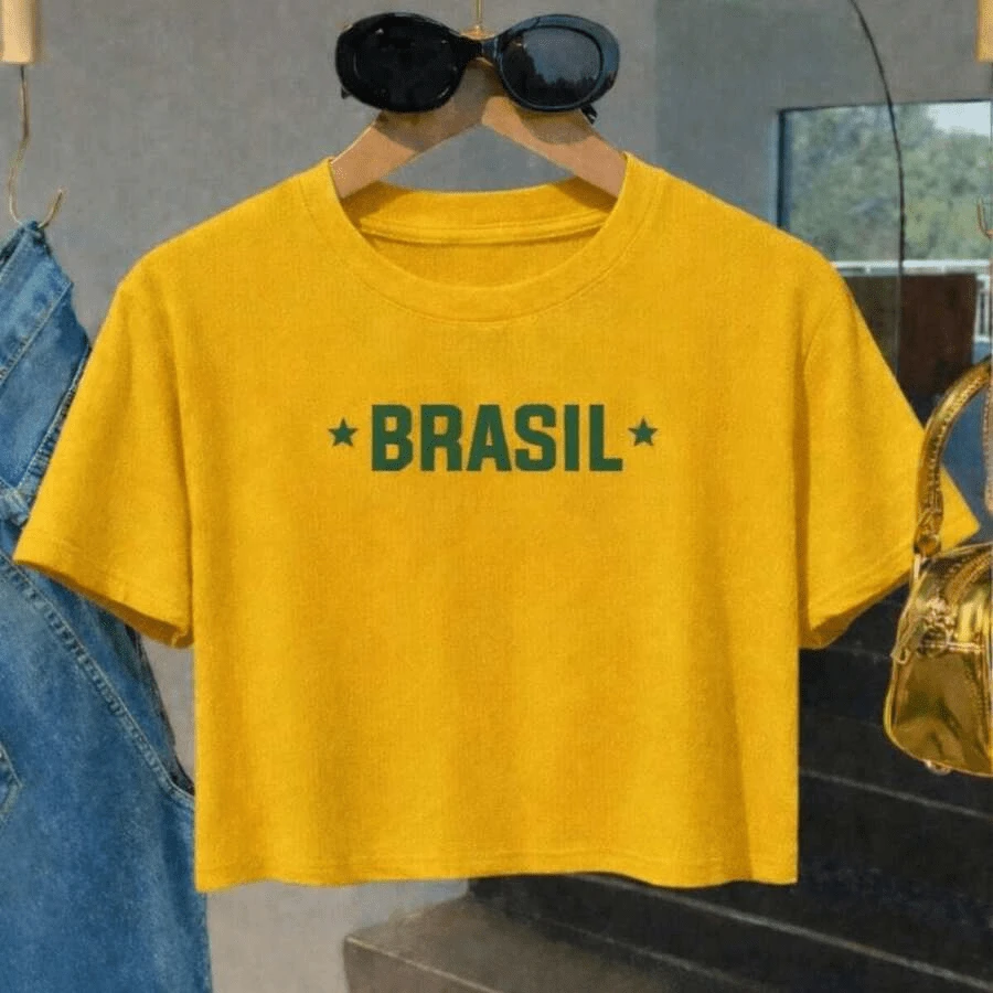 Women's Cropped Top With Brazil National Team Print - Lightweight And Comfortable Cotton Fabric For All Seasons - Màu vàng - Xem 1