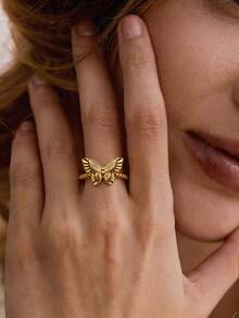 1 pieza Anillo de mujer con diseño de mariposa retorcida, con estilo retro francés, diseño elegante. Adecuado para uso diario y citas, un excelente regalo para la novia o la mejor amiga. - Dorado - Ver 2