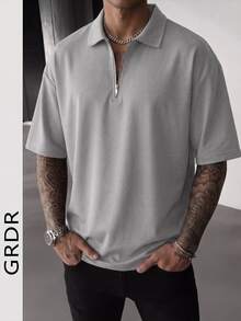 GRDR Men's Fashionable Polo Collar Solid Color Short Sleeve T-Shirt | Exquisite Design | Summer Essential | Easy To Match | Showcase Your Style - Light Grey - View 3