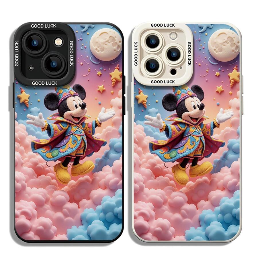 Officially Licensed Disney Mickey Mouse Phone Case, This Protective Phone Case Features A Magical Print Of Mickey Mouse In A Colorful Wizard Costume Floating Among Pink And Blue Clouds, With A Glowing Moon And Twinkling Stars Against A Dreamy Gradient Sky Background, Made With Flexible, Durable TPU Material To Protect Against Everyday Scratches, Bumps, And Minor Impacts, With A Raised Camera Frame Printed With "GOOD LUCK" Text For Extra Lens Protection, Slim And Lightweight Construction That Adds Minimal Bulk And Fits Easily In Pockets And Bags, Compatible With IPhone 17, 16, 15, 14, 13, 12, 11 Pro Series And Galaxy S22, S23, S24, S25 Models, Making It A Charming Choice For Mickey Fans And Disney Lovers, Ideal For Birthdays, Holidays, Or Any Special Occasion To Surprise Family And Friends. - Black - View 1