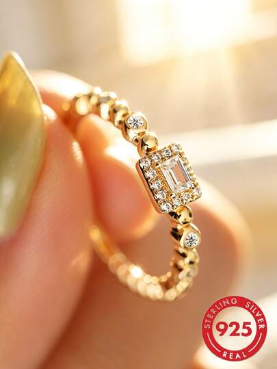 1pc S925 Sterling Silver Geometric Square Synthetic Zirconia Ring, Elegant & Graceful Daily Wear Jewelry For Women