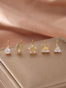 5件套L型鼻钉套装，皇冠、雪花、叶子形状穿孔饰品 - 金色11 - 查看 1