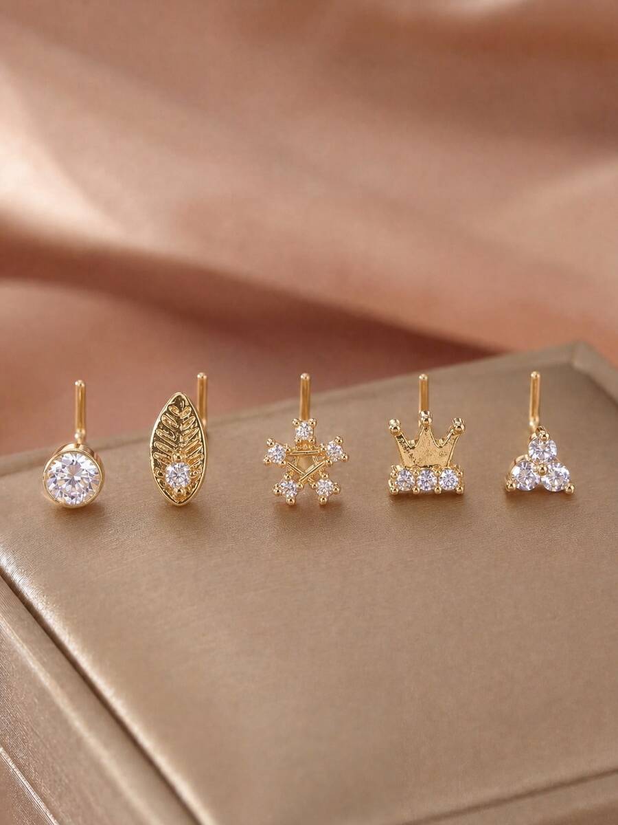 5件套L型鼻钉套装,皇冠、雪花、叶子形状穿孔饰品 - 金色11 - 查看 1