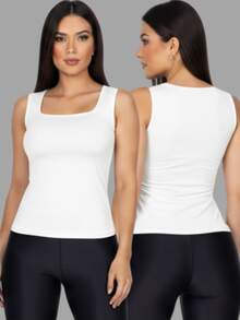 Set Of 3 Women's Tank Tops, Square Neck, Premium Supplex Fabric, Double Lining, Basic Blouse - 白色 - 棕色 - 灰色 - 查看 2