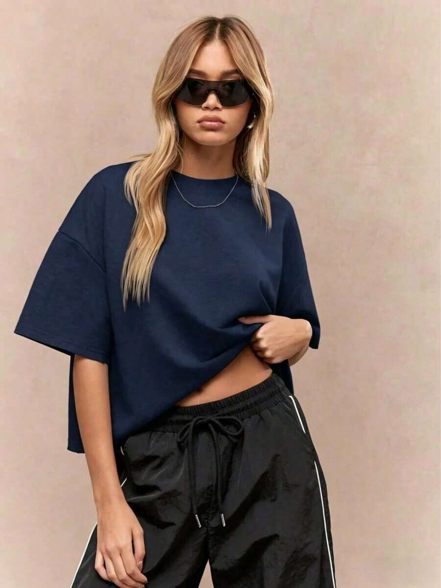 Oversized Heavy T-Shirt Modern Streetwear Essential Boxy Cut Casual Summer Basic Loopback Top Ultra Soft Minimalist Urban Fashion Staple-Unisex Summer Casual Vintage Cotton Printed T-Shirts For Couples - 藏蓝色 - 查看 1