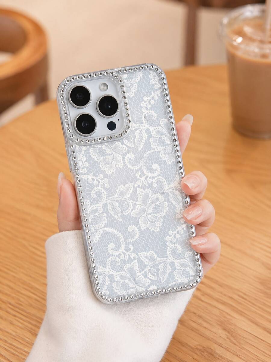 1 Piece Suitable For IPhone 17/16/15/14/13/12/11/Pro MAX, Gentle Lace Light Luxury Style, Transparent Sparkling Diamond Border TPU Soft Shell, All Inclusive Anti Drop Phone Protective Case, White Lace Pattern Print - Clear - View 1
