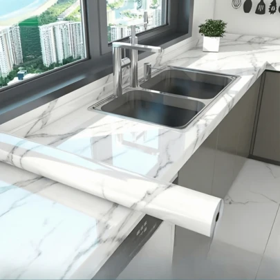 1 Roll Thick Self-Adhesive Marble Patterned Wallpaper, Arabic Scato White Design, Waterproof, Suitable For Kitchen And Bathroom Decoration