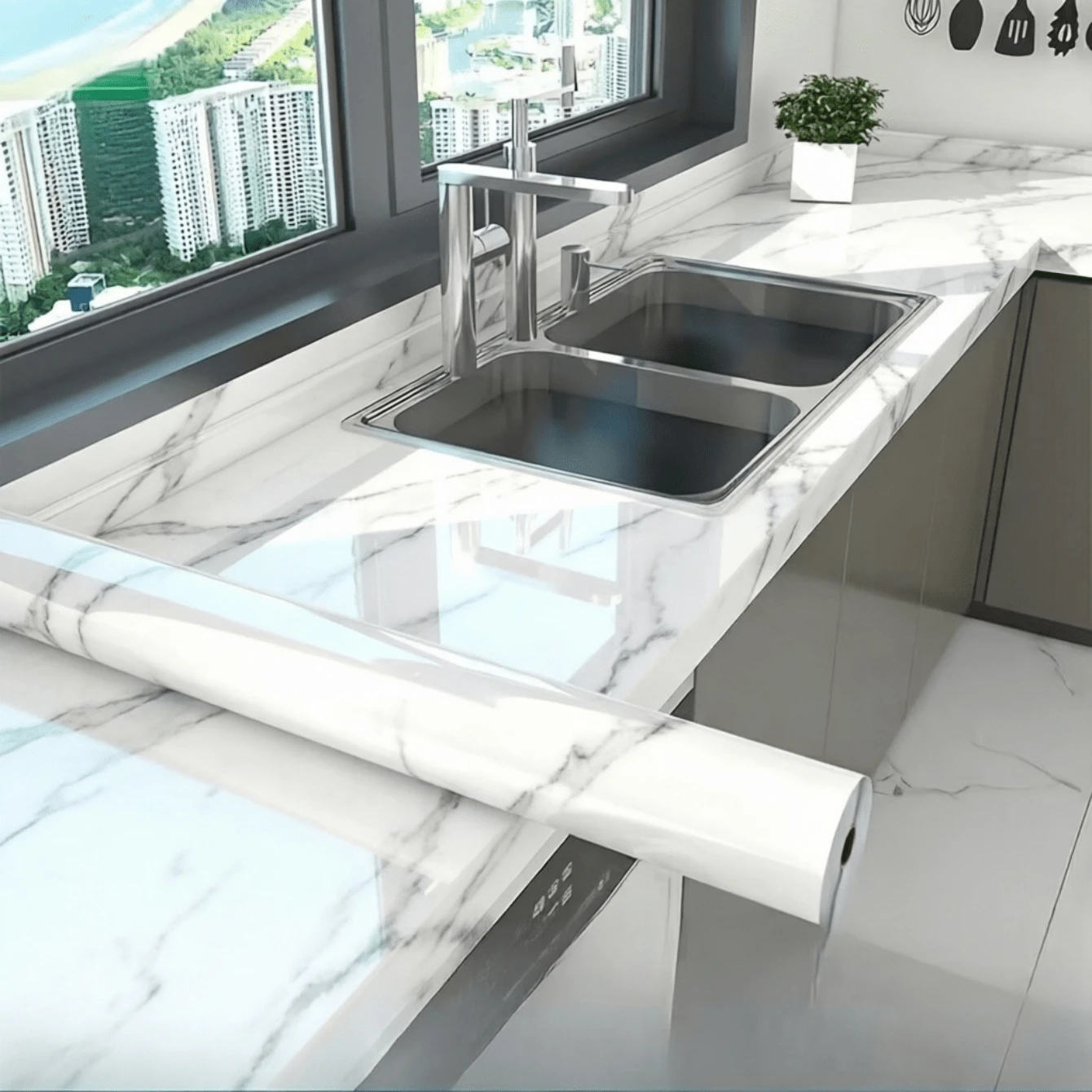 1 Roll Thick Self-Adhesive Marble Patterned Wallpaper, Arabic Scato White Design, Waterproof, Suitable For Kitchen And Bathroom Decoration - Large White - View 1
