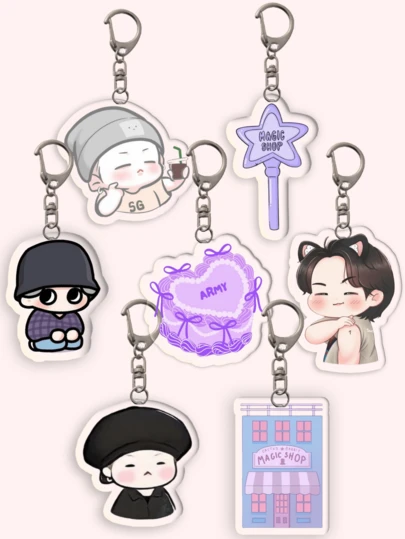1 pieza Llavero acrílico de dibujos animados MAGIC SHOP/BANGTAN/HOPE WORLD/ARMY: con personajes, accesorios para bolsos, joyas divertidas y regalos para fans. Ideal para novios, novias, familiares, maestros, regalos de fiesta y decoraciones de teléfonos celulares con temática ARMY.