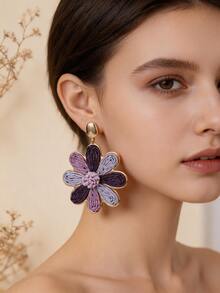 1 Pair Handmade Bohemian Style Raffia Woven Floral Earrings, Retro Contrast Color Metal Earrings, Suitable For Beach, Party, Afternoon Tea, Daily Commute - Purple - View 9