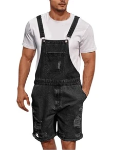 2026 Hot Men Distressed Denim Bib Overall Shorts, Relaxed Knee Length Multi Pocket Non-Stretch Denim Jumpsuit, Summer Casual Machine Washable Daily - 黑色 - 查看 9