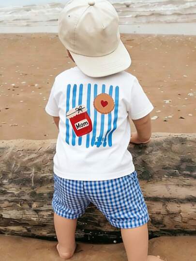 1pc Toddler Boys' Heart & Jam Cookie Print Short Sleeve T-Shirt, Children's Casual Versatile Round Neck Top, Breathable Soft Comfortable Summer Daily Wear, Elementary School Cute Heart Style Sportswear, Fashionable Outfit For Photoshoot