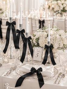 12pcs Black Candle Holders With Elegant Bow Decor, 13-Inch Large Size, Self-Adhesive Candle Holders For Desktop, Gift Packaging, Wedding Bride Party Centerpiece - Black - View 7