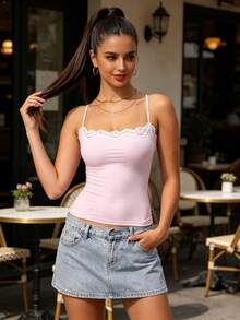 Women's Summer Camisoles Spaghetti Strap Built-In Chest Pad Stylish Solid Color Slim Fit Tank Tops - 粉色 - 查看 2