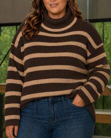 Women's Plus Size High Neck Long Sleeve Blouse, Elegant, Casual, Basic, Winter, Cold Weather, Thermal Knit - 棕色/米色 - 查看 1
