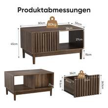 Mid-Century Modern Style 80cm Coffee Table, Living Room Center Table With Grid Structure, One Drawer, Open Shelves And Solid Wood Legs, Oak Color. - Khaki - View 3