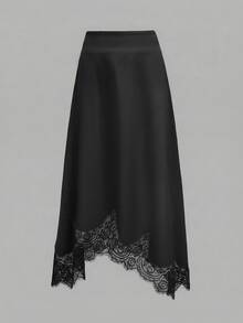 Saia Assimétrica de Renda com Bloco de Cores Casual Feminina, Minimalista e Fashionista para Uso Diário, Primavera/Verão Preta - Preto - Visão 3