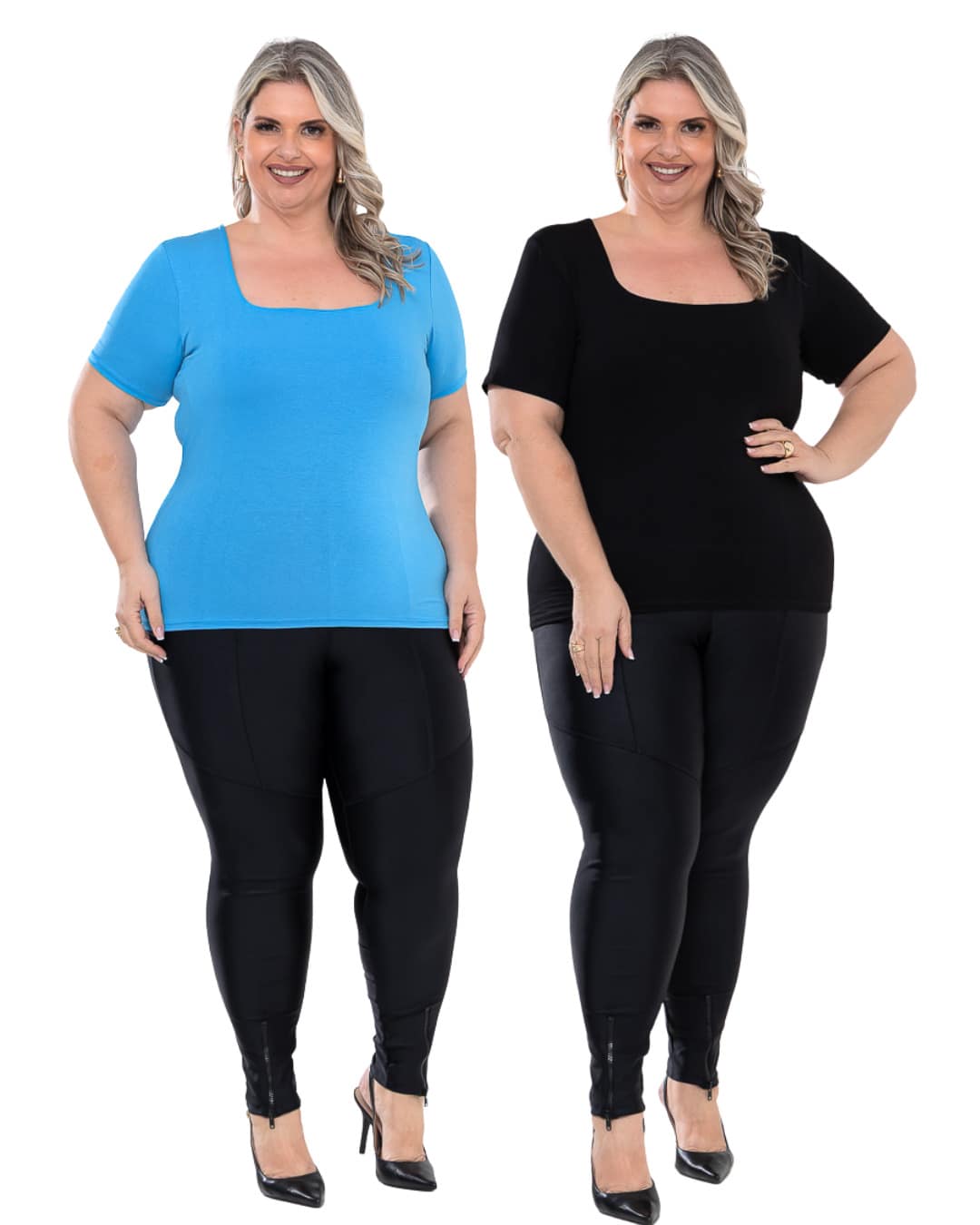 Set Of 2 Women's Basic Comfortable Short-Sleeve Square Neck Plus Size Blouses - 黑藍 - 查看 1